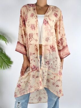 Maurices Pink Floral Sheer Kimono 3X Boho Open Front Lightweight Beach Cover-up